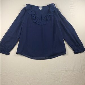 J Crew Factory Navy Blouse NWOT Medium Long Sleeve Ruffle Collar and Wrist